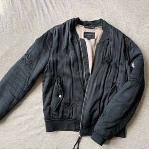 All Saints Black Bomber Jacket Satin Finish Ribbed Collar